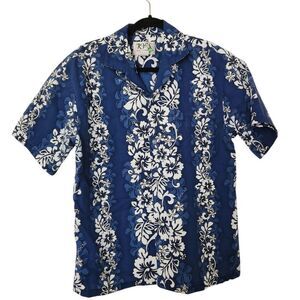 KY'S Made In Hawaii Men's Blue Hawaiian Floral Shirt Button Front Short Sleeve M